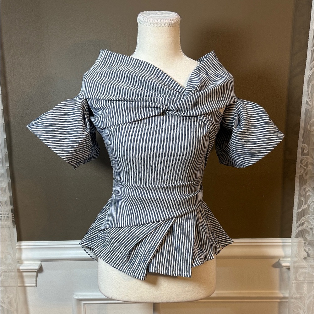 Talbot Runhof Off Shoulder Sculptural Peplum Blouse Navy Stripe Couture US 4‎